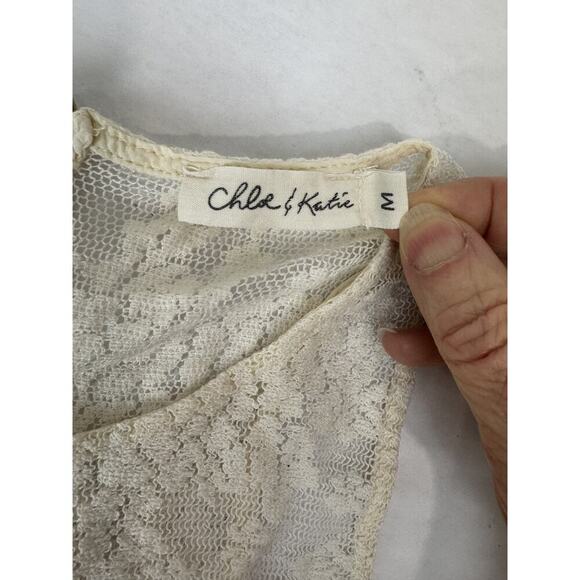 Boho Chloe & Katie Lace Linen-Looking Tank Top Stripes Neutral Ivory Blue Medium - Picture 6 of 10